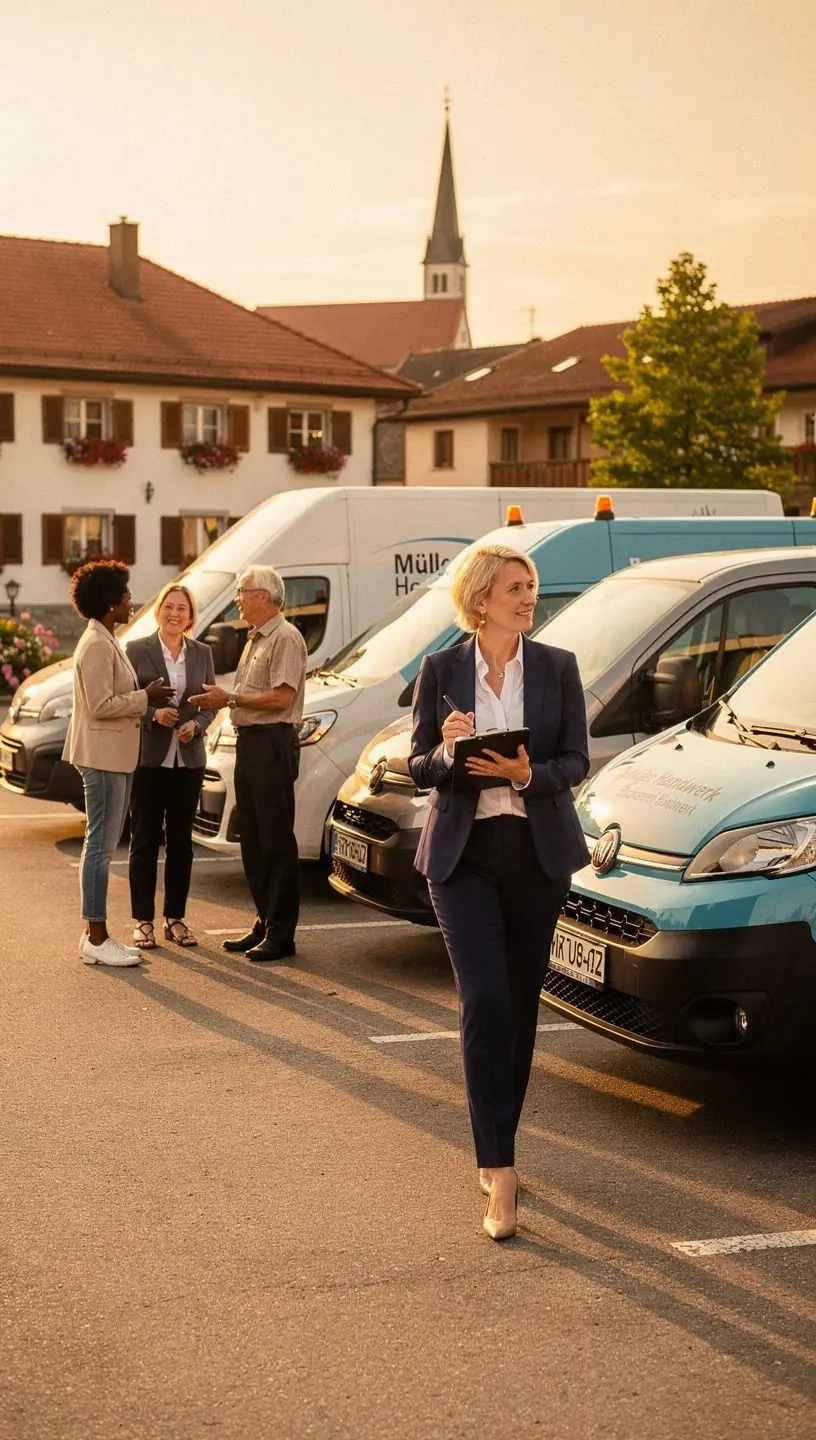 Kleine Geschäftswagenreihe auf der Straße, symbolisierend für maßgeschneiderte Kfz-Flottenversicherungen in Deutschland.